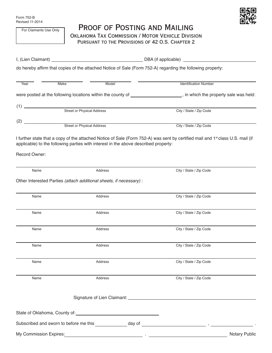 OTC Form 752 Title 42 Possessory Lien Procedures on Vehicles, Manufactured Homes, Commercial Trailers, Boats and Outboard Motors - Oklahoma, Page 27