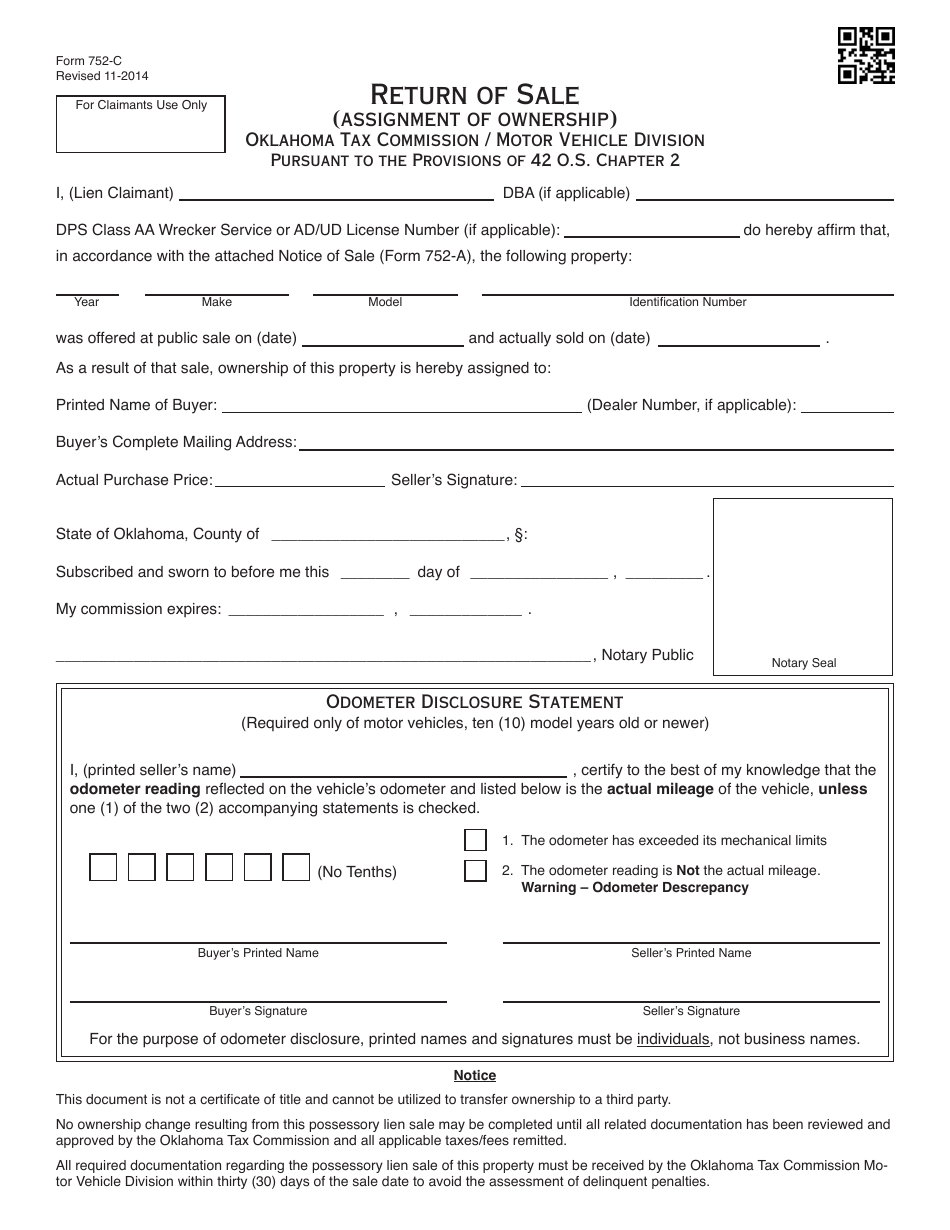OTC Form 752 Title 42 Possessory Lien Procedures on Vehicles, Manufactured Homes, Commercial Trailers, Boats and Outboard Motors - Oklahoma, Page 28