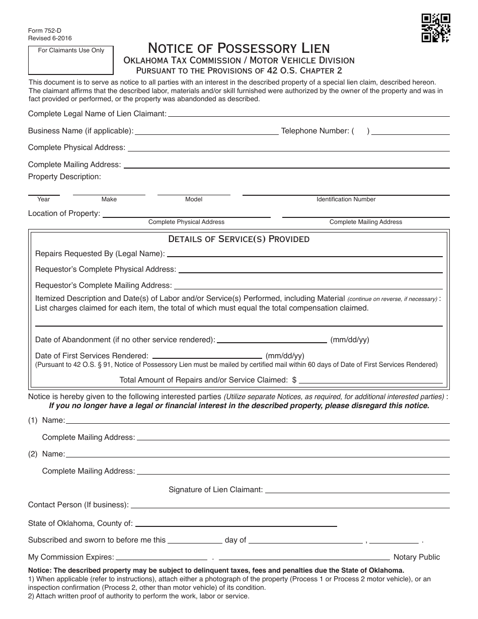 OTC Form 752 Title 42 Possessory Lien Procedures on Vehicles, Manufactured Homes, Commercial Trailers, Boats and Outboard Motors - Oklahoma, Page 29