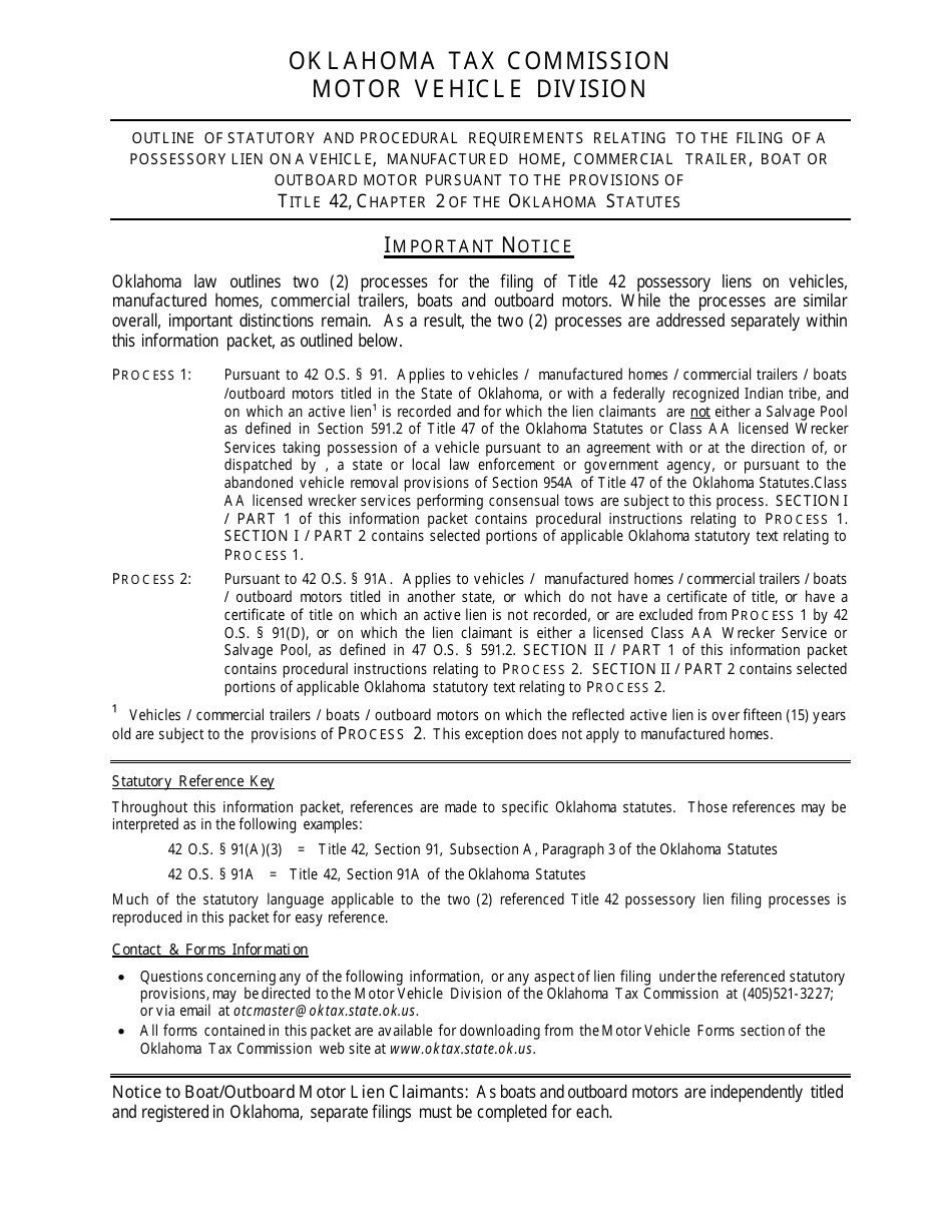 OTC Form 752 Title 42 Possessory Lien Procedures on Vehicles, Manufactured Homes, Commercial Trailers, Boats and Outboard Motors - Oklahoma, Page 2
