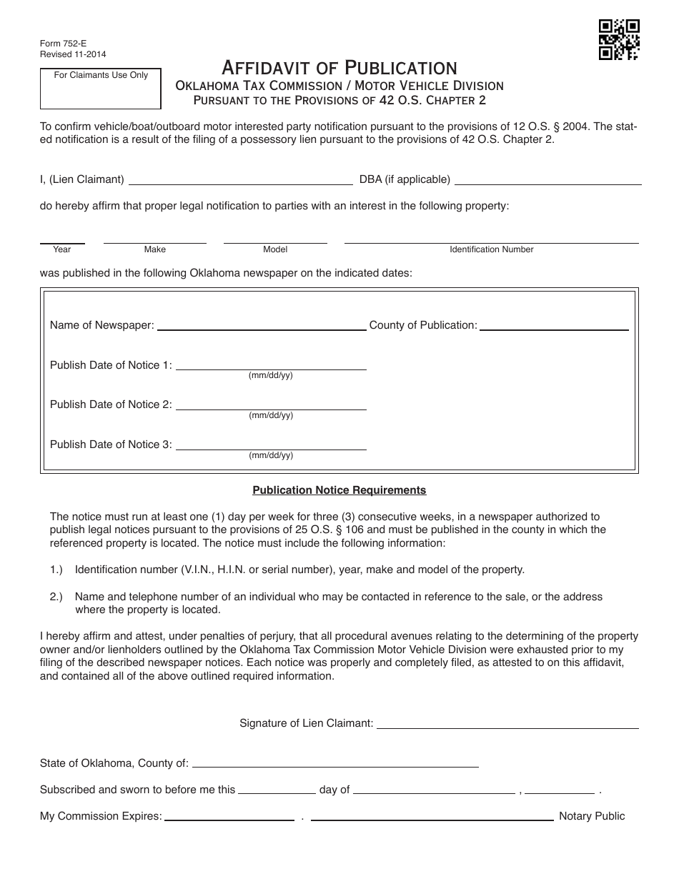 OTC Form 752 Title 42 Possessory Lien Procedures on Vehicles, Manufactured Homes, Commercial Trailers, Boats and Outboard Motors - Oklahoma, Page 30