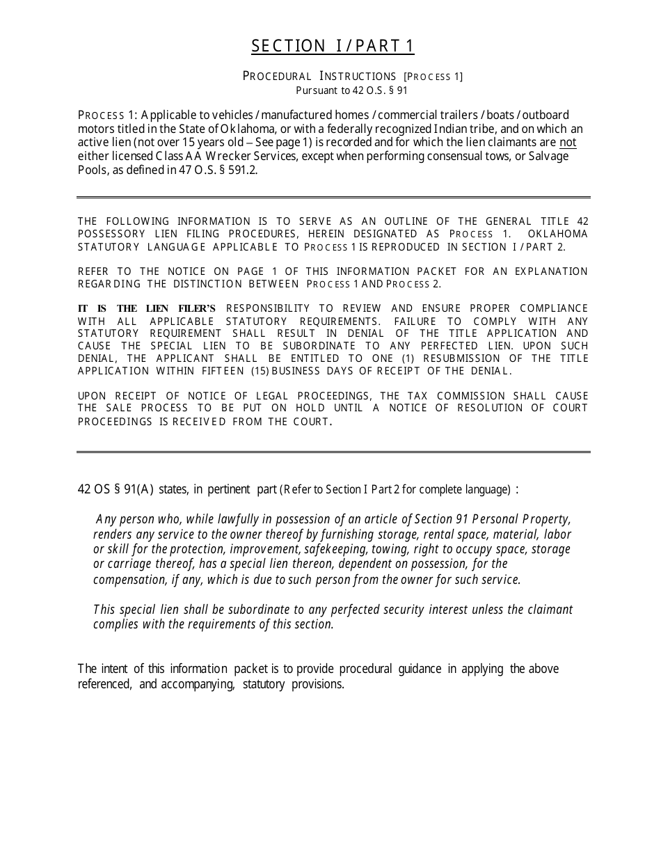 OTC Form 752 Title 42 Possessory Lien Procedures on Vehicles, Manufactured Homes, Commercial Trailers, Boats and Outboard Motors - Oklahoma, Page 3