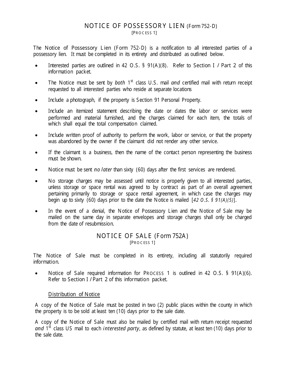 OTC Form 752 Title 42 Possessory Lien Procedures on Vehicles, Manufactured Homes, Commercial Trailers, Boats and Outboard Motors - Oklahoma, Page 5