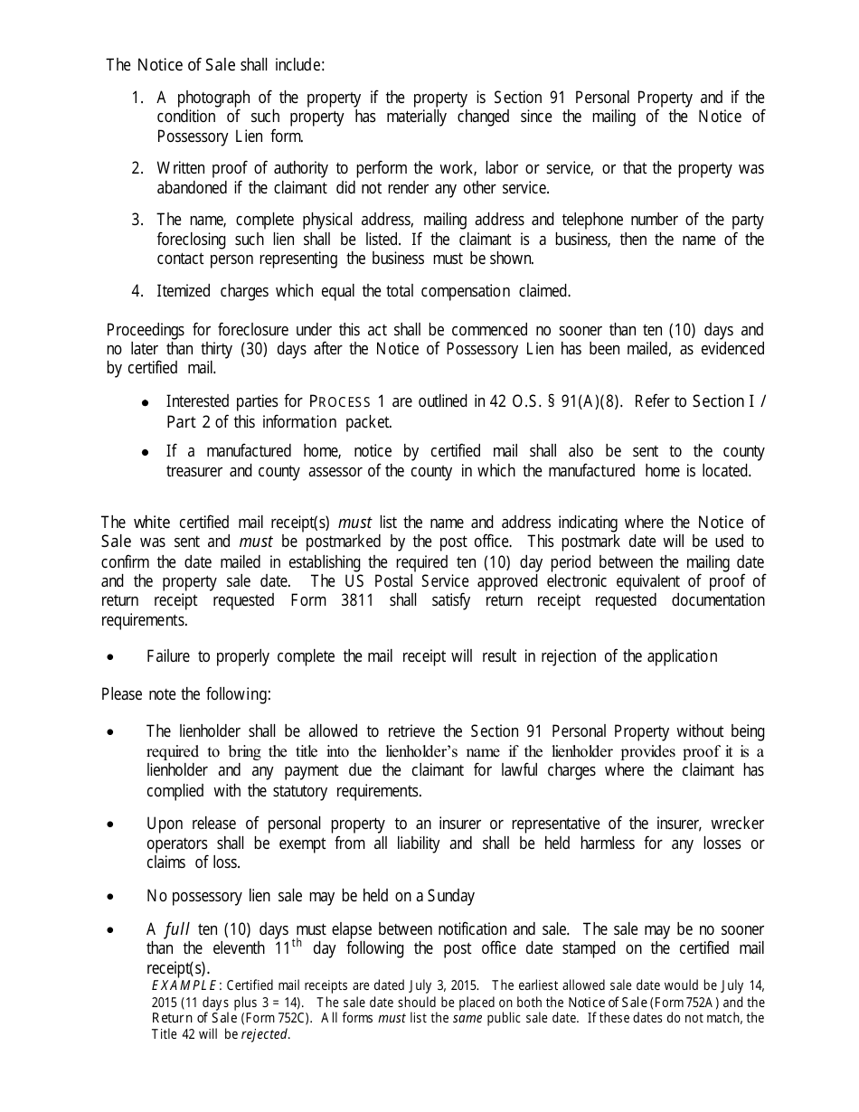 OTC Form 752 Title 42 Possessory Lien Procedures on Vehicles, Manufactured Homes, Commercial Trailers, Boats and Outboard Motors - Oklahoma, Page 6