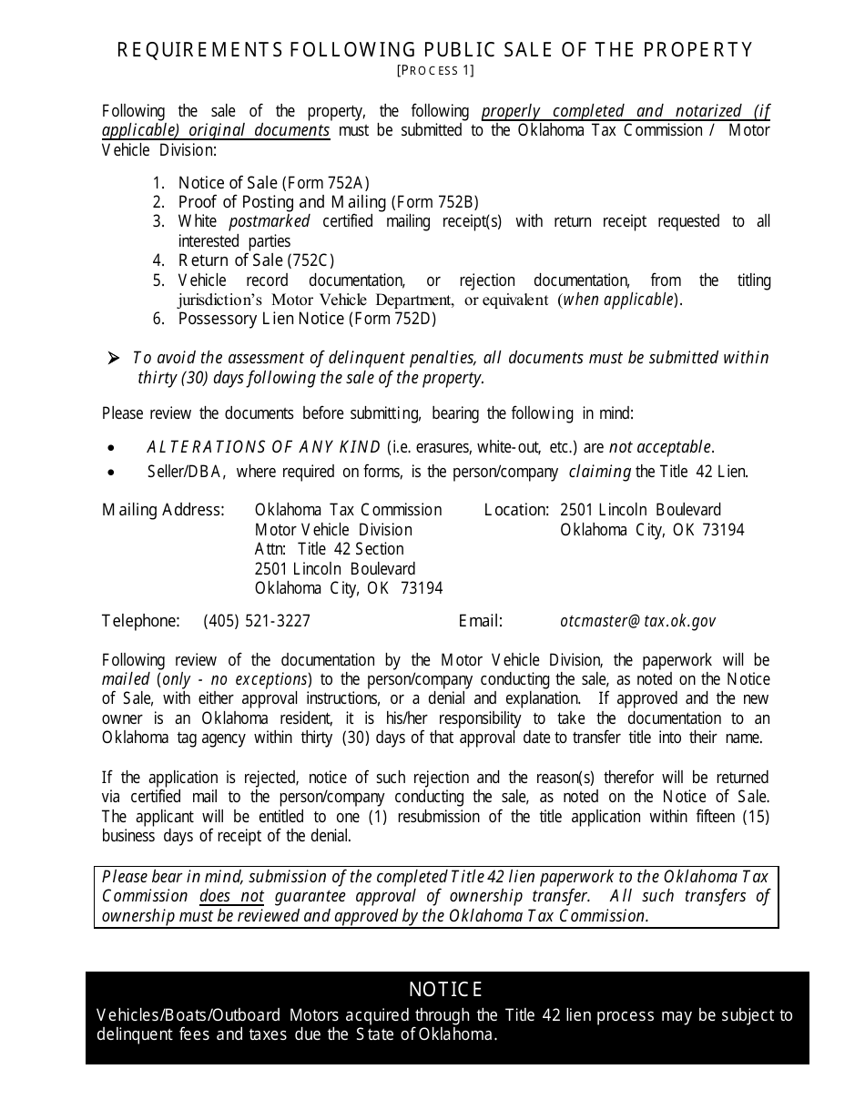 OTC Form 752 Title 42 Possessory Lien Procedures on Vehicles, Manufactured Homes, Commercial Trailers, Boats and Outboard Motors - Oklahoma, Page 8