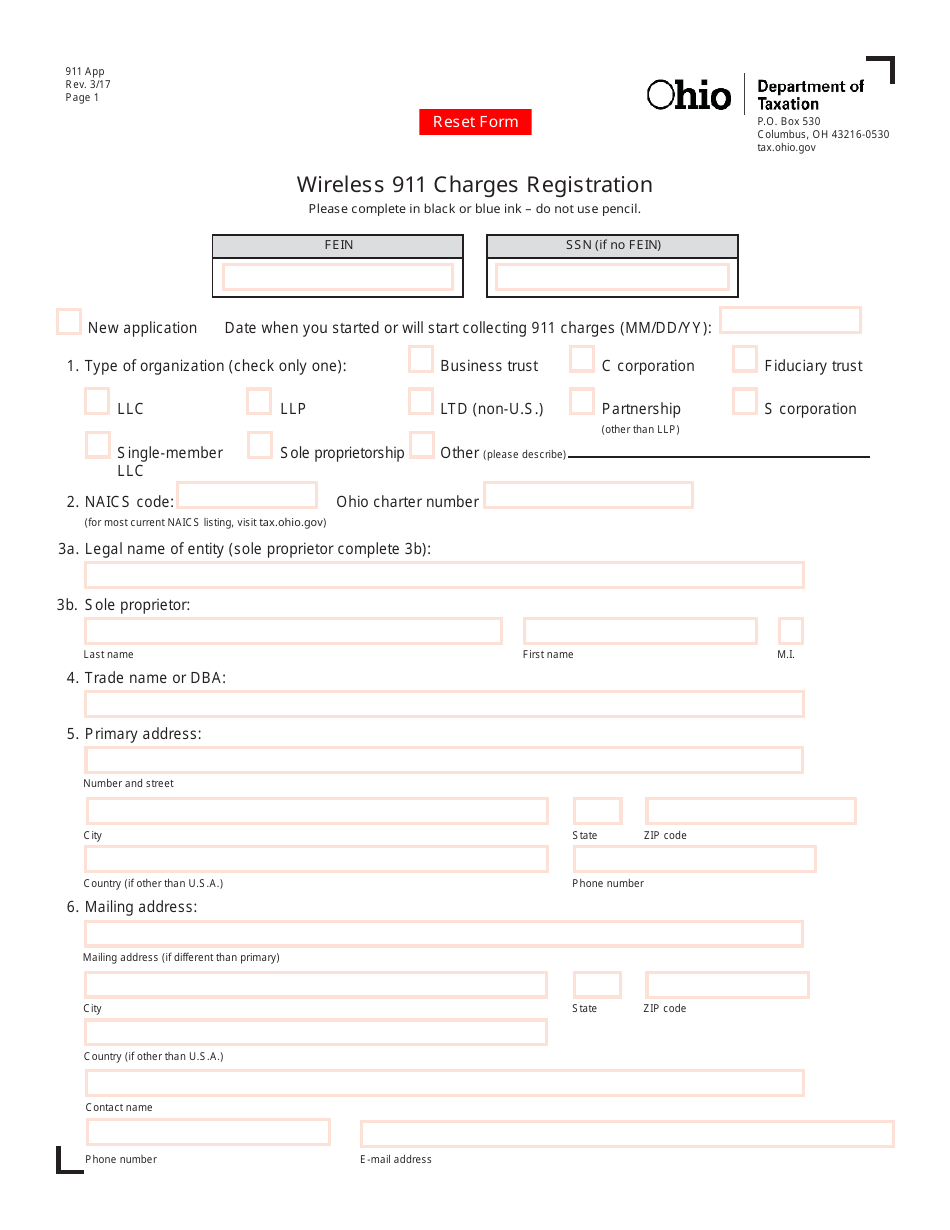 Form 911 APP Wireless 911 Charges Registration - Ohio, Page 1