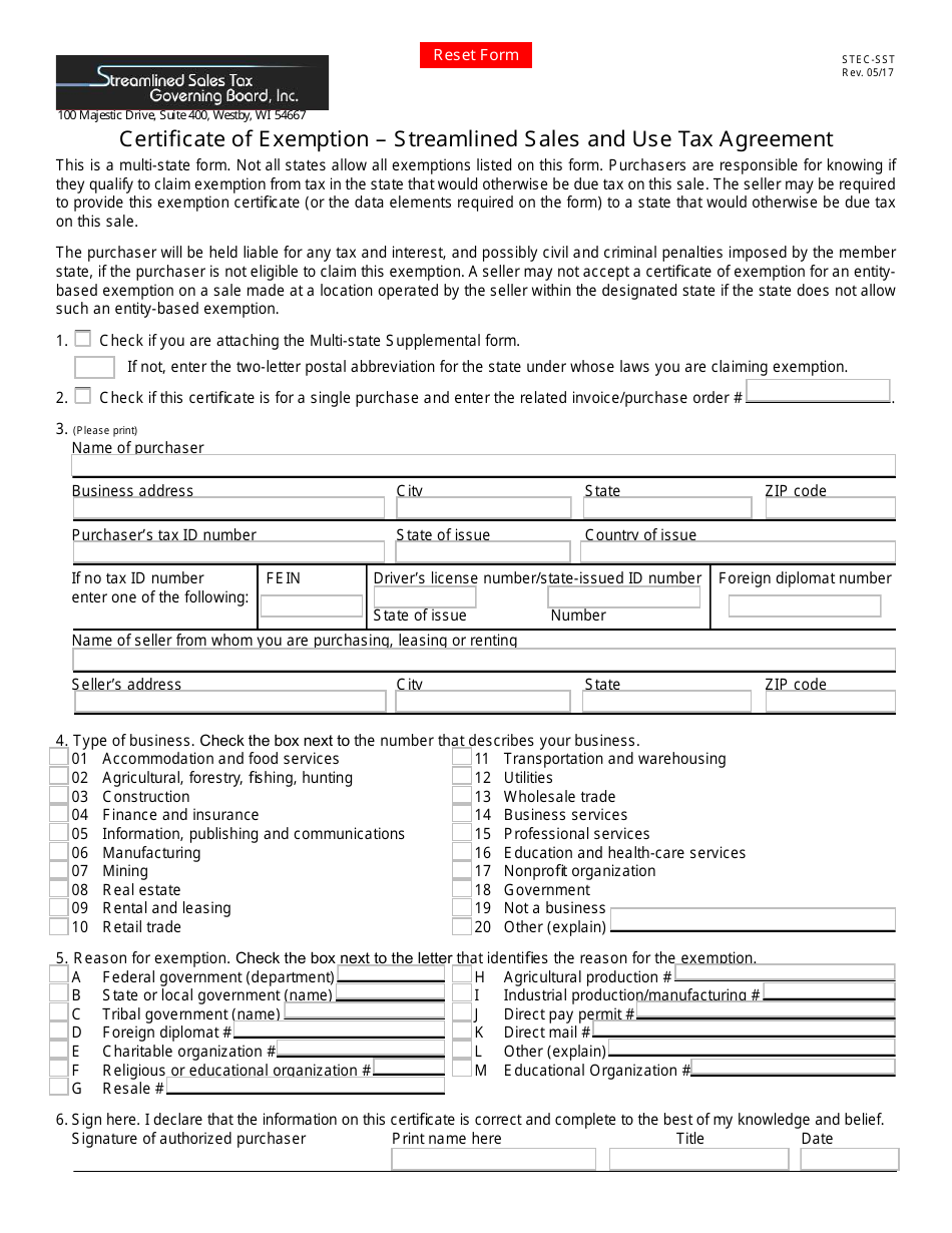Form STEC-SST Certificate of Exemption -streamlined Sales and Use Tax Agreement - Ohio, Page 1