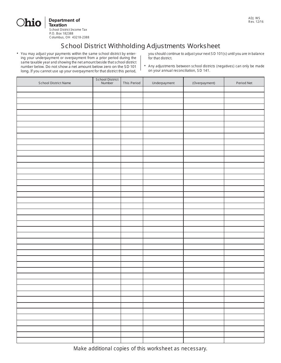 Form ADJ WS School District Withholding Adjustments Worksheet - Ohio, Page 1