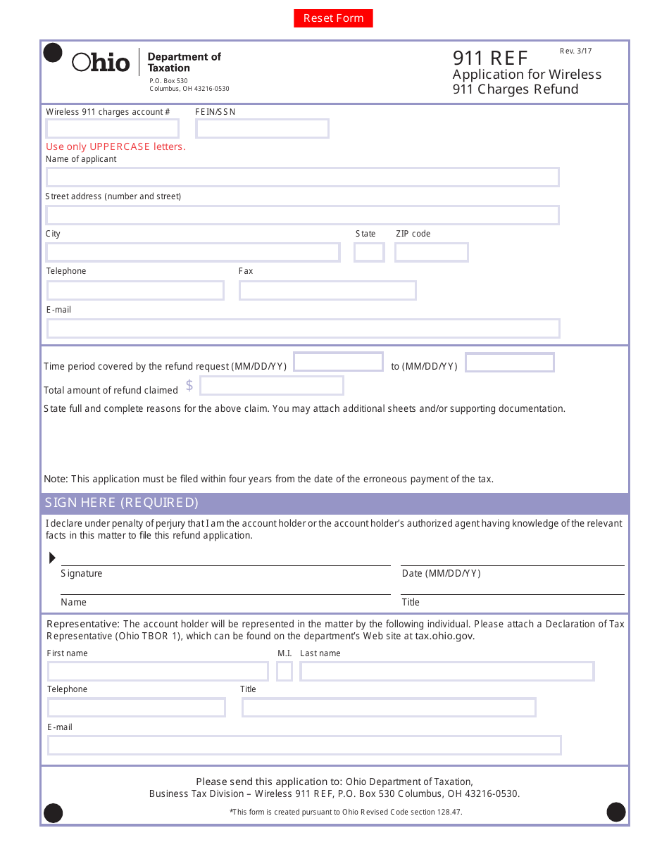 Form 911 REF Application for Wireless 911 Charges Refund - Ohio, Page 1