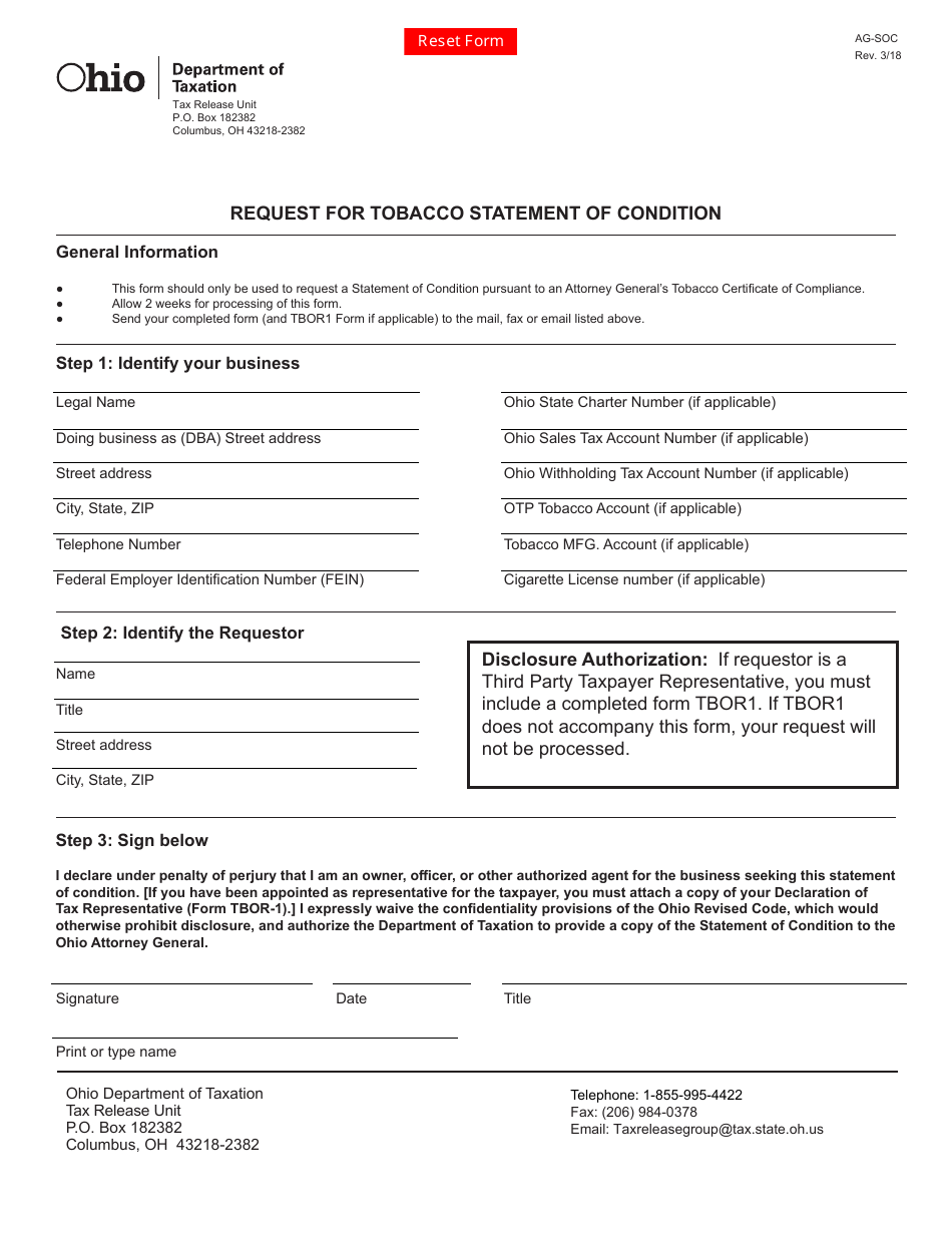Form AG-SOC Request for Tobacco Statement of Condition - Ohio, Page 1