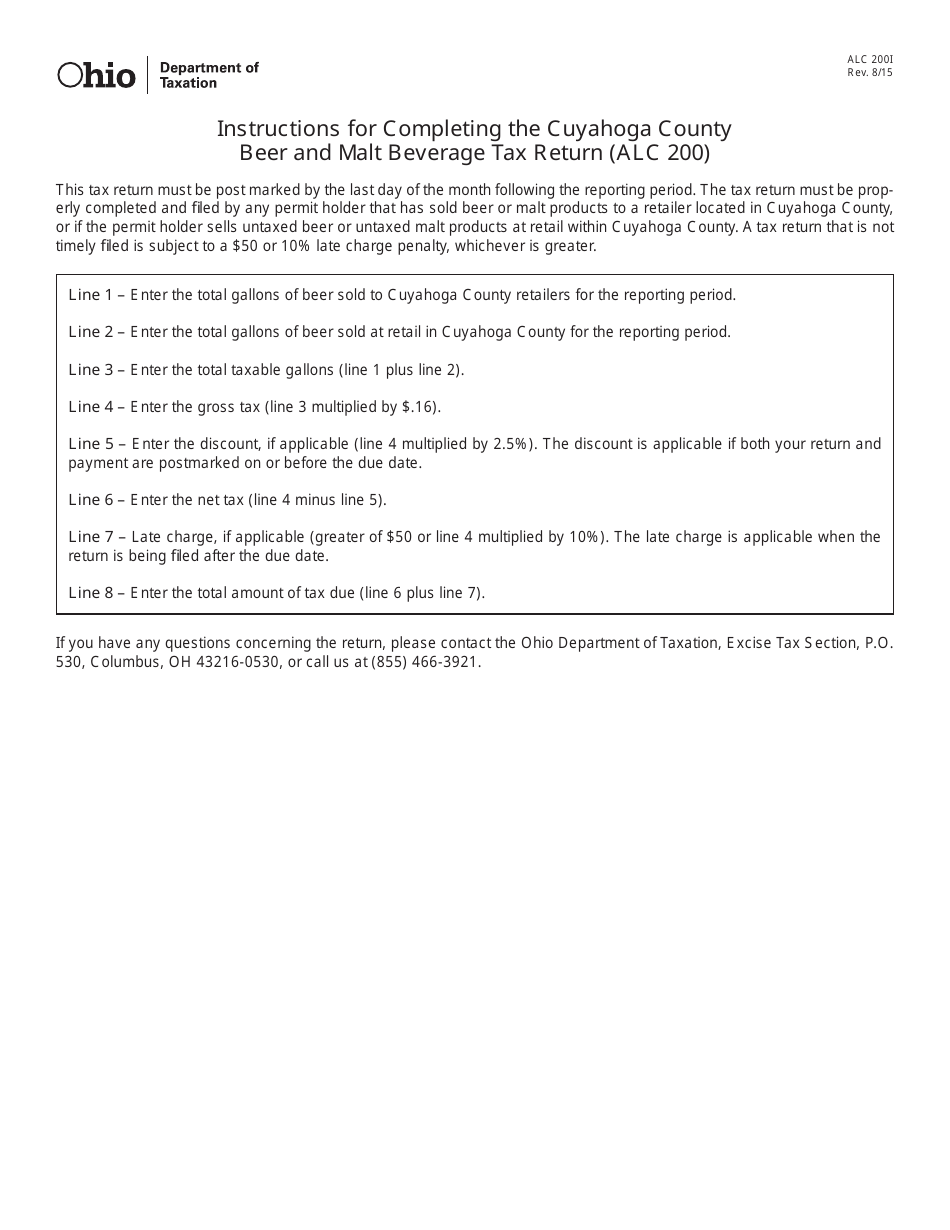 Instructions for Form ALC200 Cuyahoga County Beer and Malt Beverage Tax Return - Ohio, Page 1