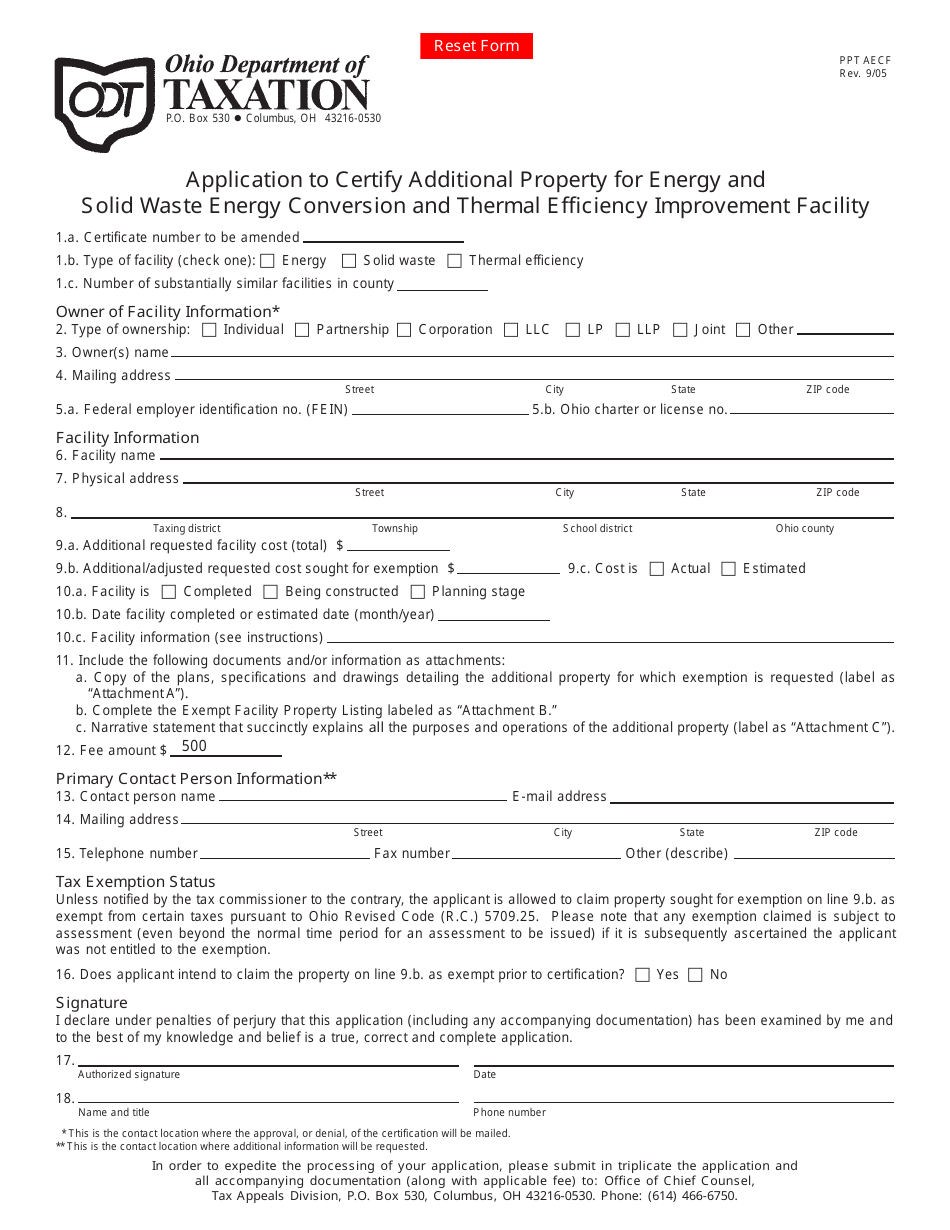 Form PPT AECF Application to Certify Additional Property for Energy and Solid Waste Energy Conversion and Thermal Efficiency Improvement Facility - Ohio, Page 1