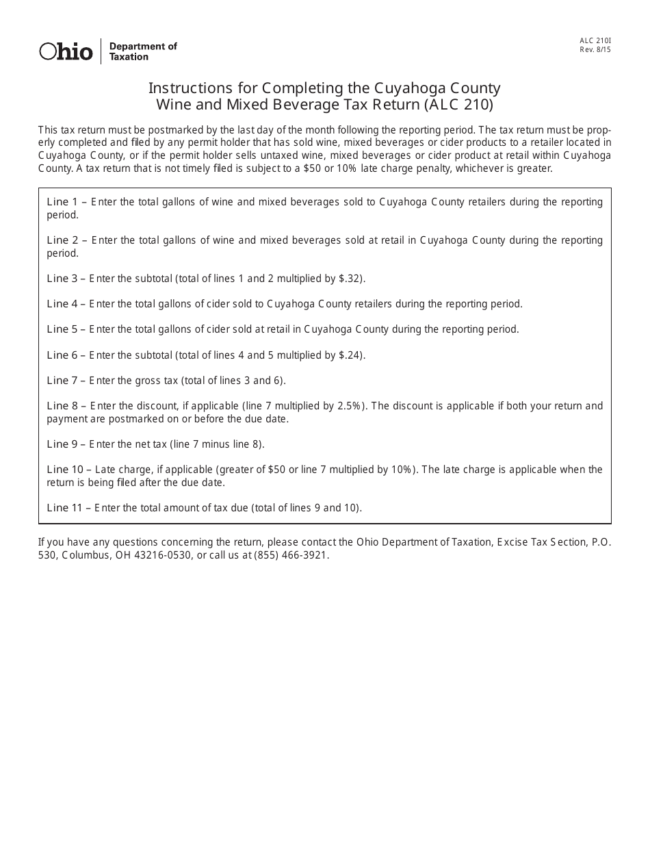 Instructions for Form ALC210 Cuyahoga County Wine and Mixed Beverage Tax Return - Ohio, Page 1