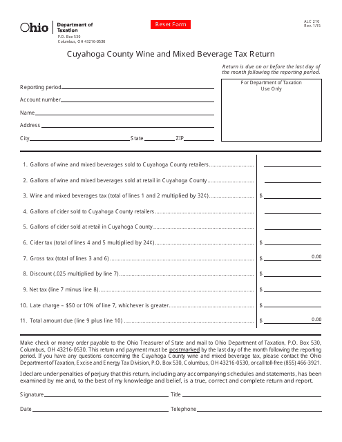 Form ALC210 Cuyahoga County Wine and Mixed Beverage Tax Return - Ohio