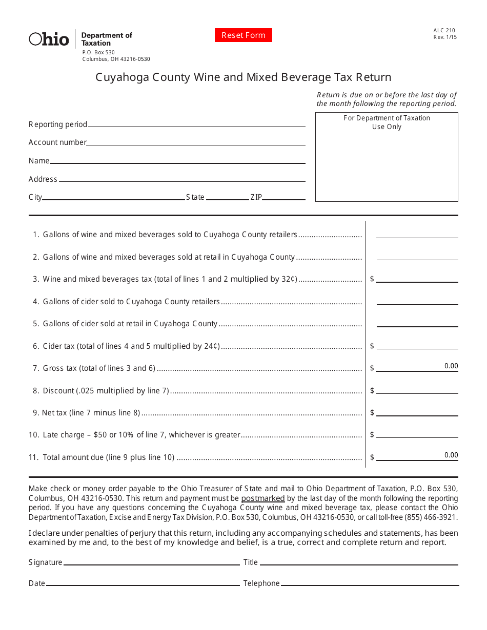 Form ALC210 Cuyahoga County Wine and Mixed Beverage Tax Return - Ohio, Page 1