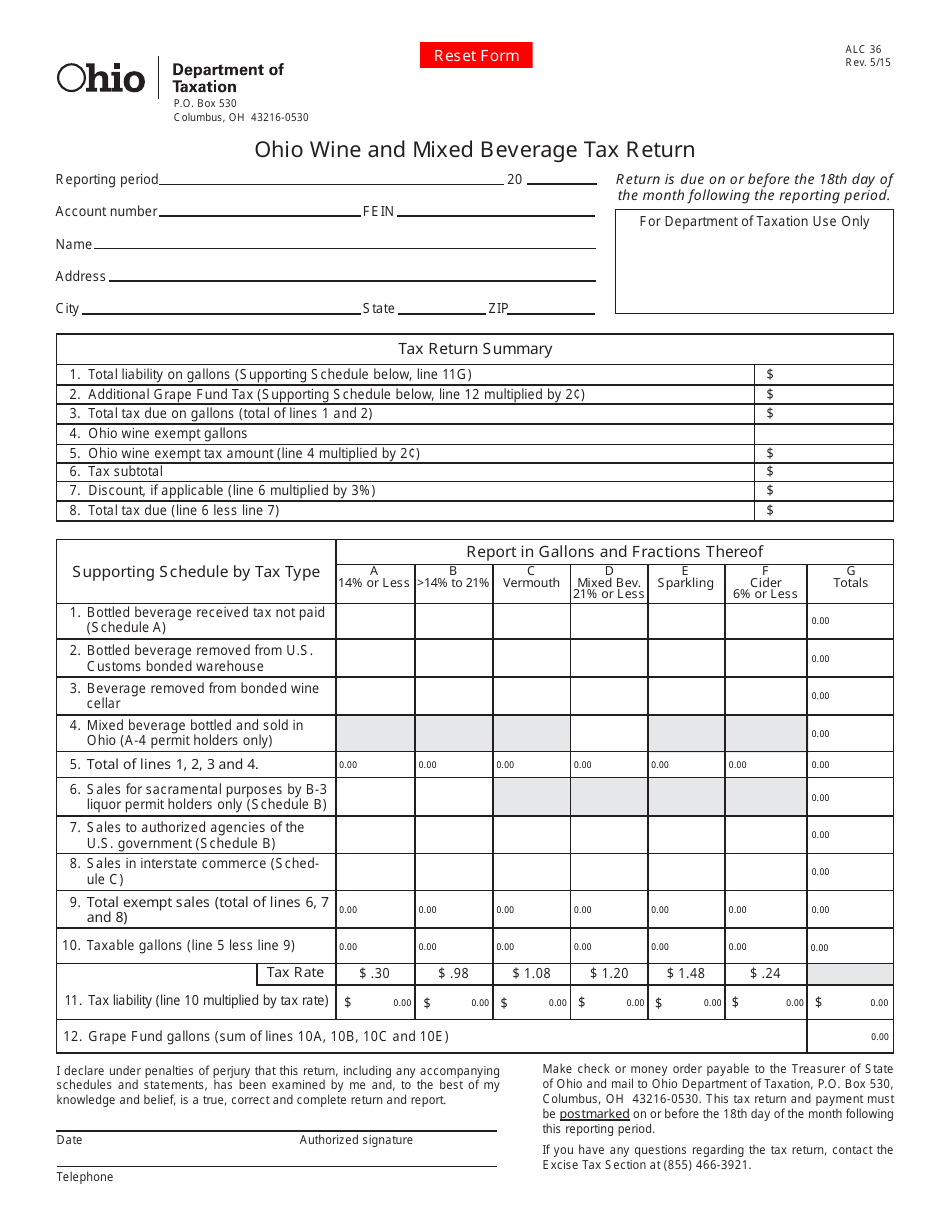 Form ALC36 Ohio Wine and Mixed Beverage Tax Return - Ohio, Page 1