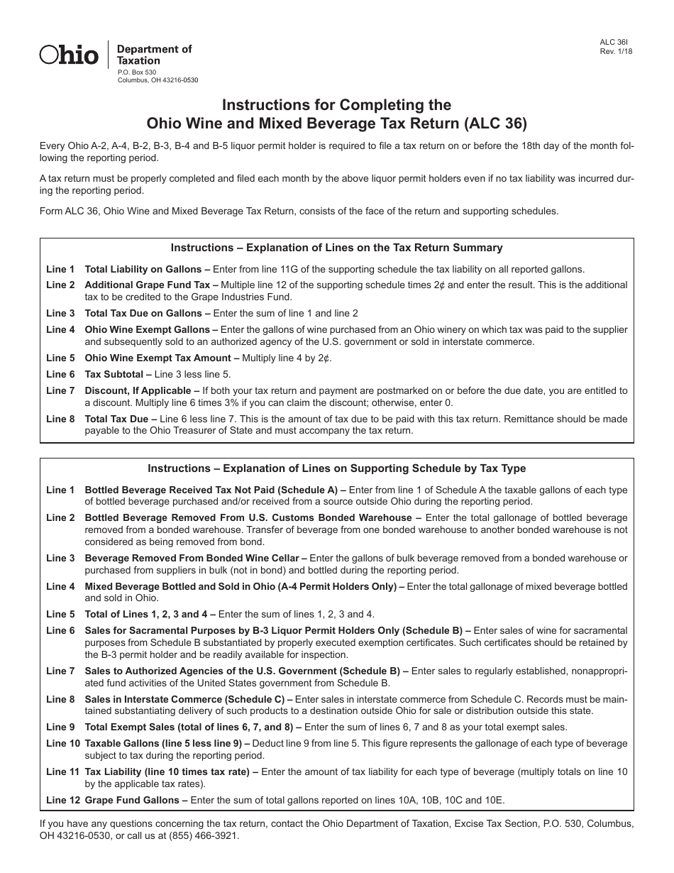Instructions for Form ALC36 Ohio Wine and Mixed Beverage Tax Return - Ohio, Page 1