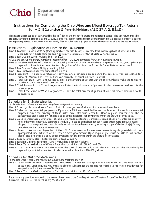 Instructions for Form ALC37I, ALC-37 Ohio Wine and Mixed Beverage Tax Return for a-2, B2a and/or S Permit Holders (Alc 37 a-2, B2a/S) - Ohio