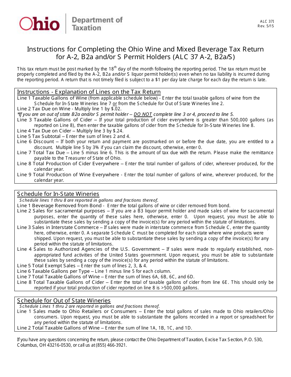 Instructions for Form ALC37I, ALC-37 Ohio Wine and Mixed Beverage Tax Return for a-2, B2a and / or S Permit Holders (Alc 37 a-2, B2a / S) - Ohio, Page 1