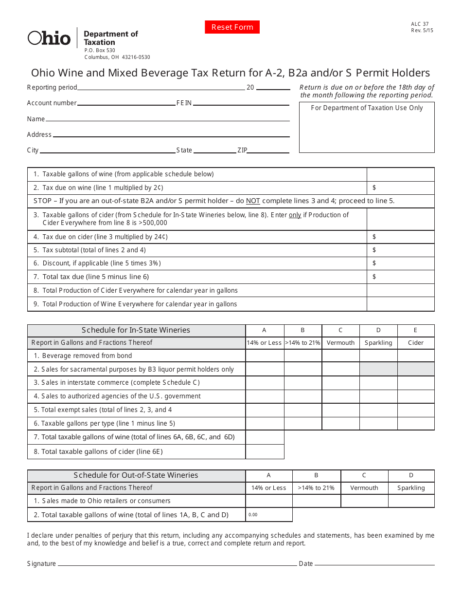 Form ALC37 Ohio Wine and Mixed Beverage Tax Return for a-2, B2a and / or S Permit Holders - Ohio, Page 1