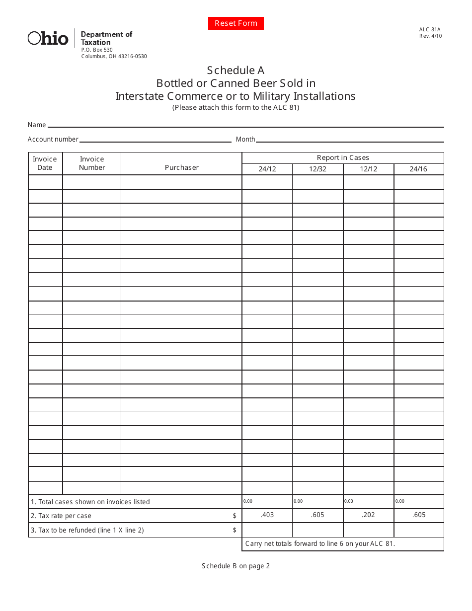 Form ALC81A Schedule A Bottled or Canned Beer Sold in Interstate Commerce or to Military Installations - Ohio, Page 1