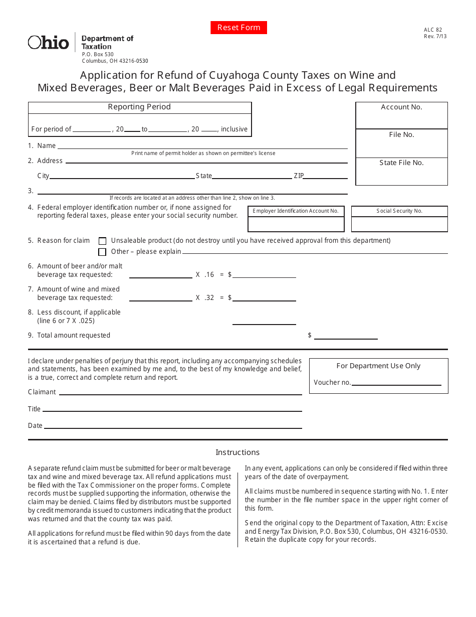Form ALC82 Application for Refund of Cuyahoga County Taxes on Wine and Mixed Beverages, Beer or Malt Beverages Paid in Excess of Legal Requirements - Ohio, Page 1