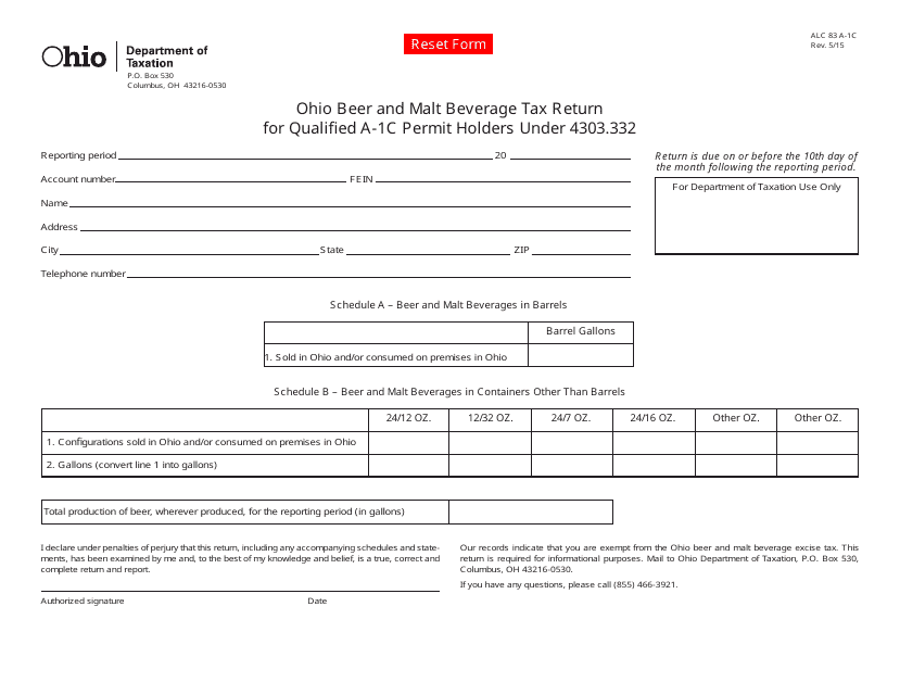 Form ALC83 A-1C Ohio Beer and Malt Beverage Tax Return for Qualified a-1c Permit Holders Under 4303.332 - Ohio