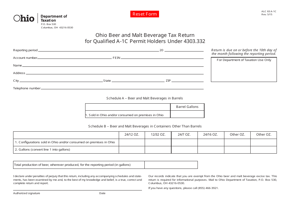 Form ALC83 A-1C Ohio Beer and Malt Beverage Tax Return for Qualified a-1c Permit Holders Under 4303.332 - Ohio, Page 1