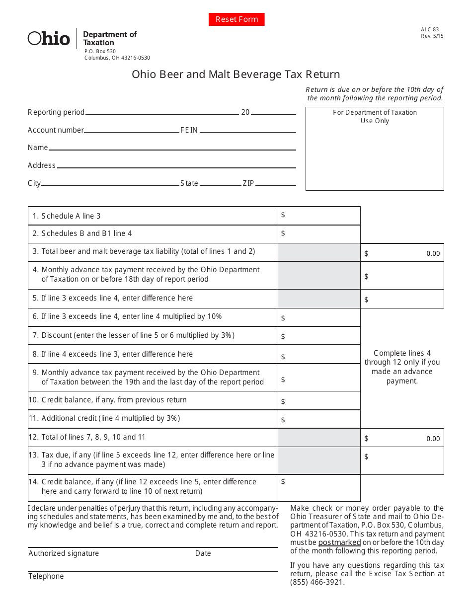 Form ALC83 Ohio Beer and Malt Beverage Tax Return - Ohio, Page 1