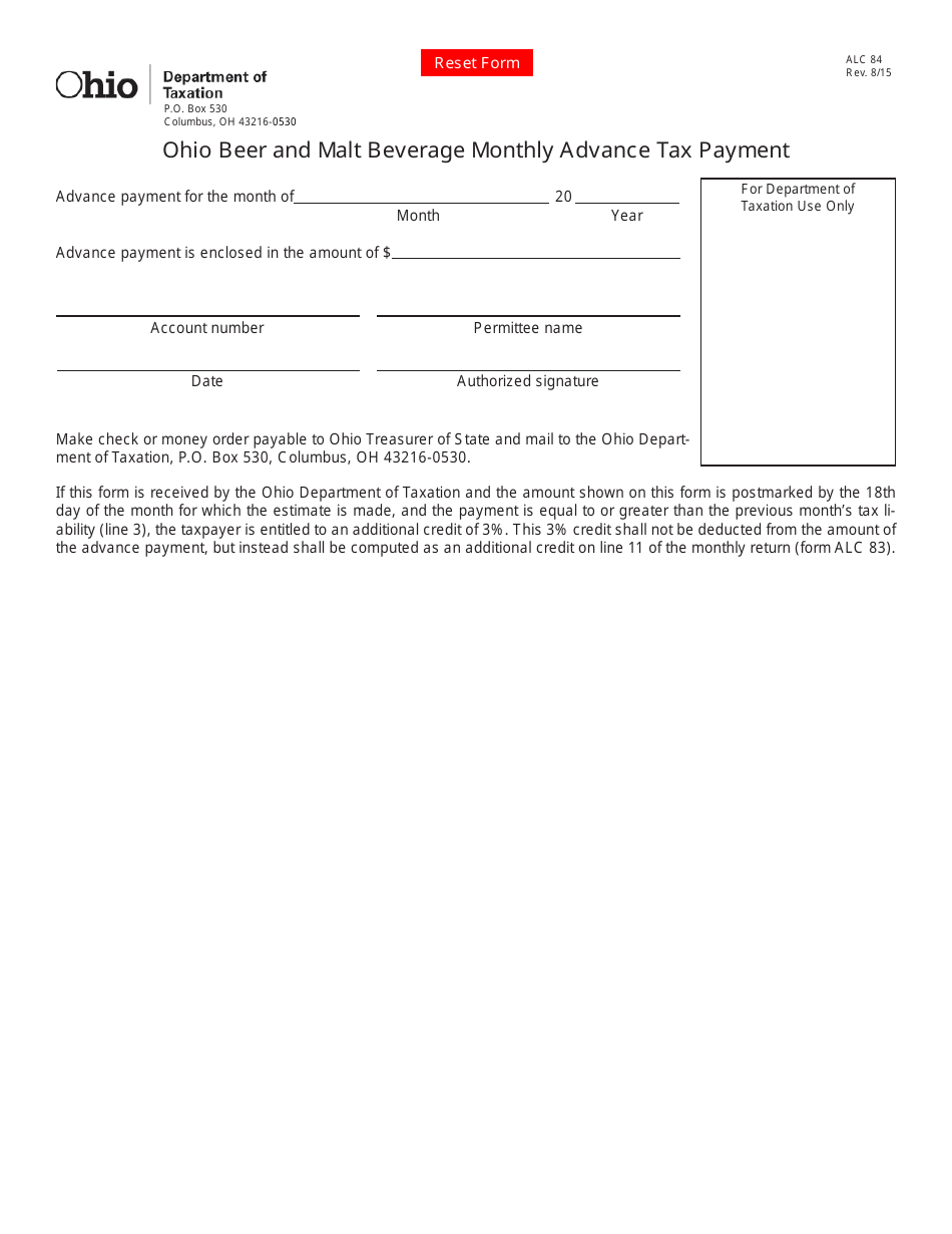 Form ALC84 Ohio Beer and Malt Beverage Monthly Advance Tax Payment - Ohio, Page 1