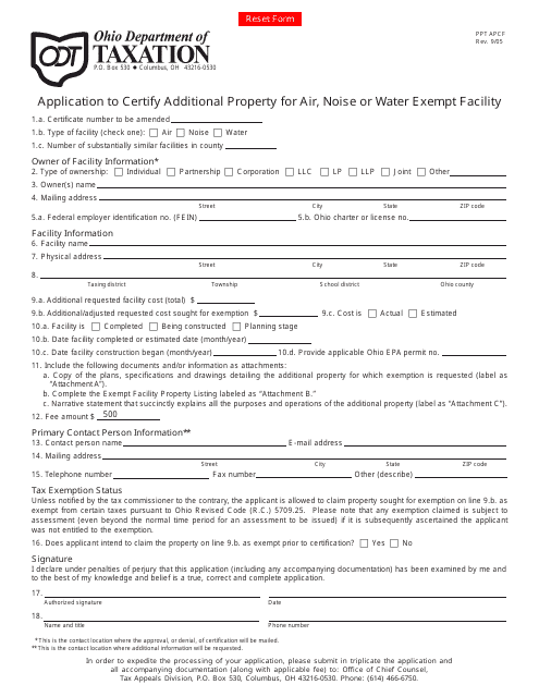 Form PPT APCF Application to Certify Additional Property for Air, Noise or Water Exempt Facility - Ohio