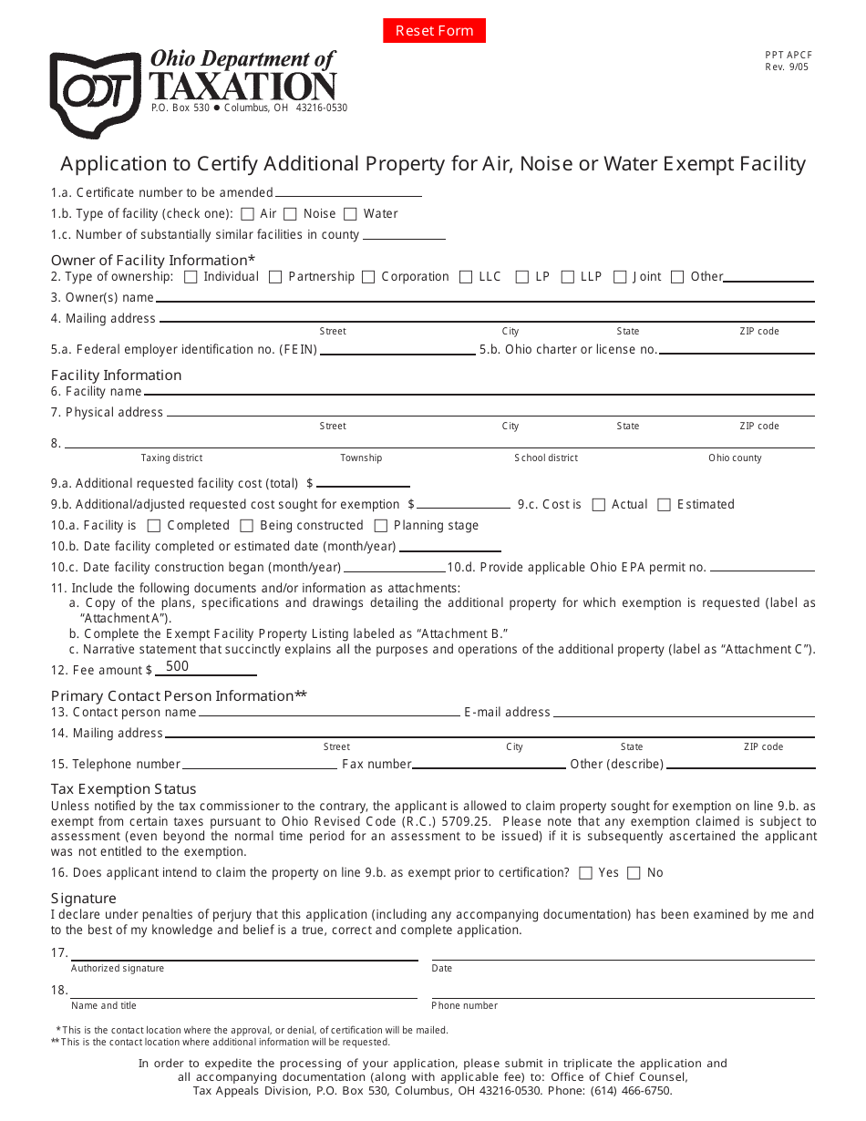 Form PPT APCF Application to Certify Additional Property for Air, Noise or Water Exempt Facility - Ohio, Page 1