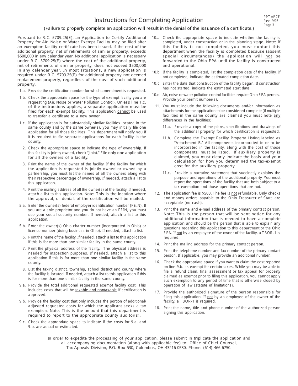 Form PPT APCF Application to Certify Additional Property for Air, Noise or Water Exempt Facility - Ohio, Page 3