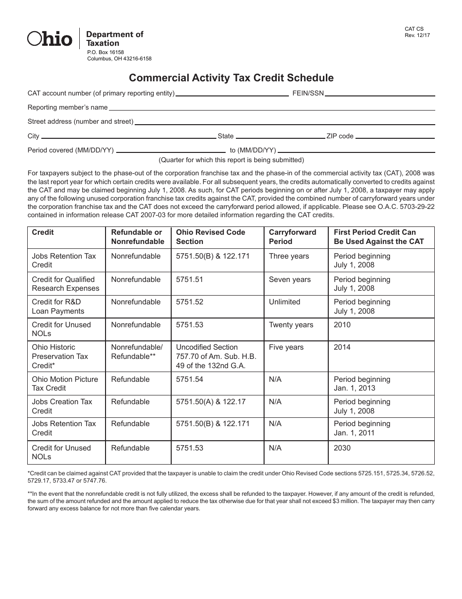 Form CAT CS Commercial Activity Tax Credit Schedule - Ohio, Page 1