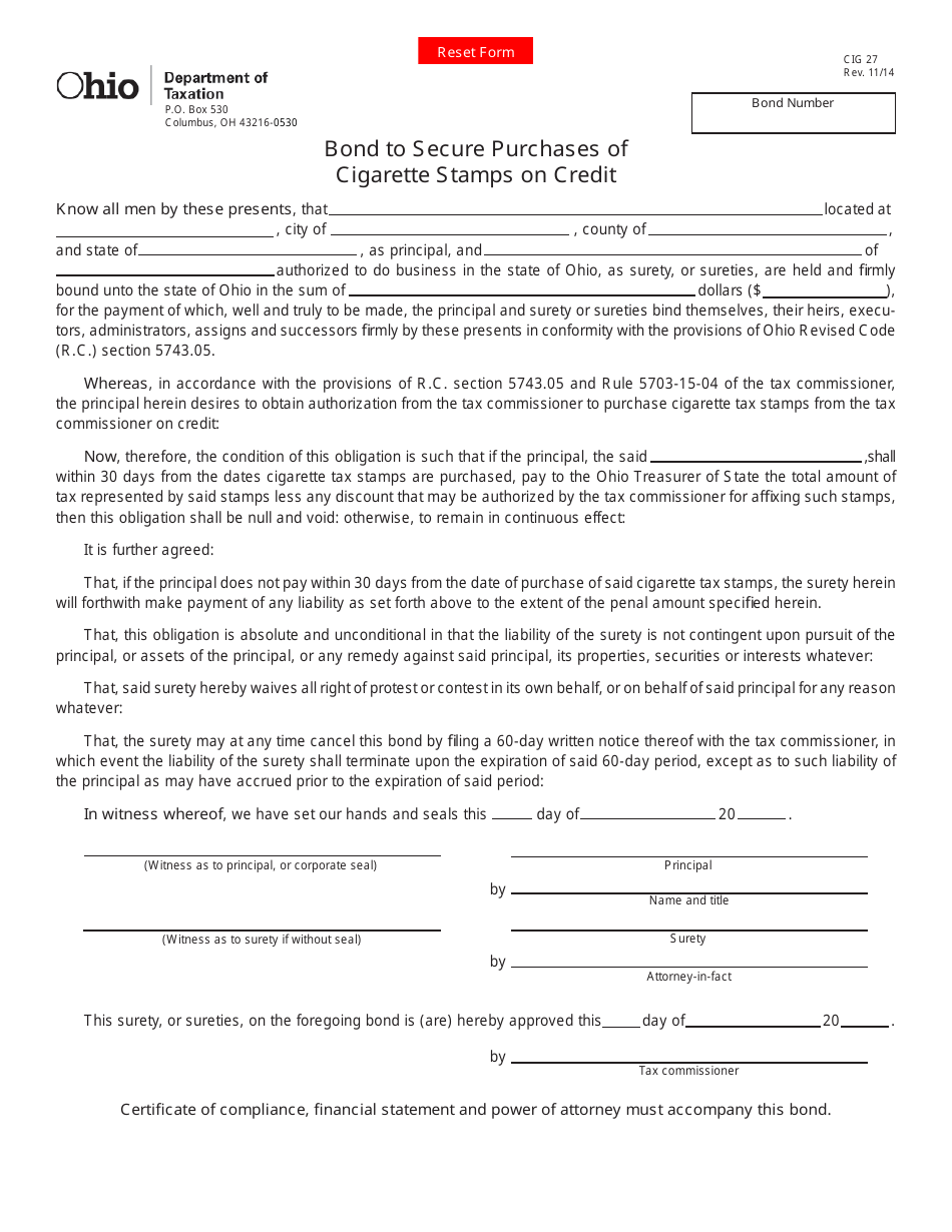 Form CIG27 Bond to Secure Purchases of Cigarette Stamps on Credit - Ohio, Page 1