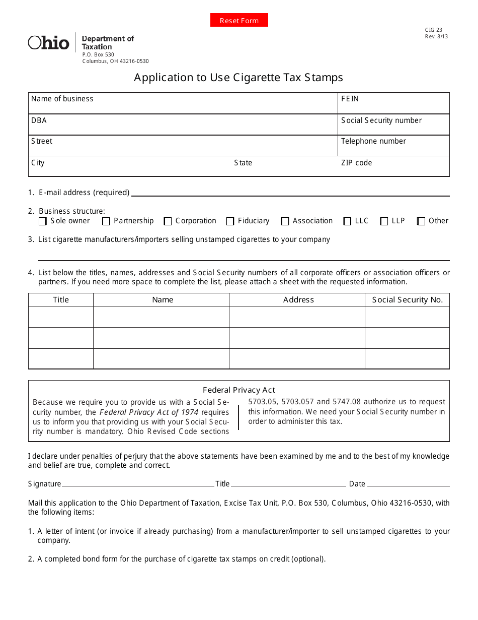 Form CIG23 Application to Use Cigarette Tax Stamps - Ohio, Page 1