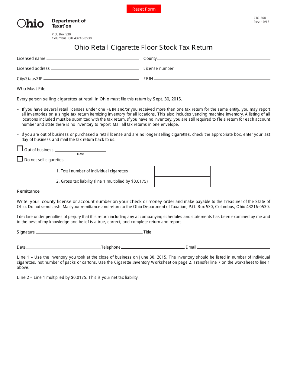 Form CIG56R Ohio Retail Cigarette Floor Stock Tax Return - Ohio, Page 1
