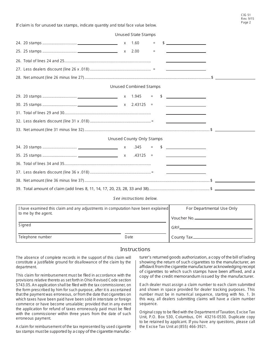 Form CIG51 Claim for Reimbursement of Cigarette Tax Illegally or Erroneously Paid and / or Unused Cigarette Tax Stamps - Ohio, Page 2