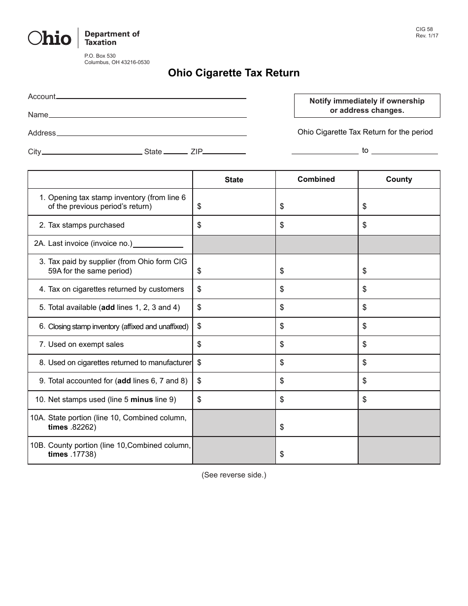 Form CIG58 Ohio Cigarette Tax Return - Ohio, Page 1