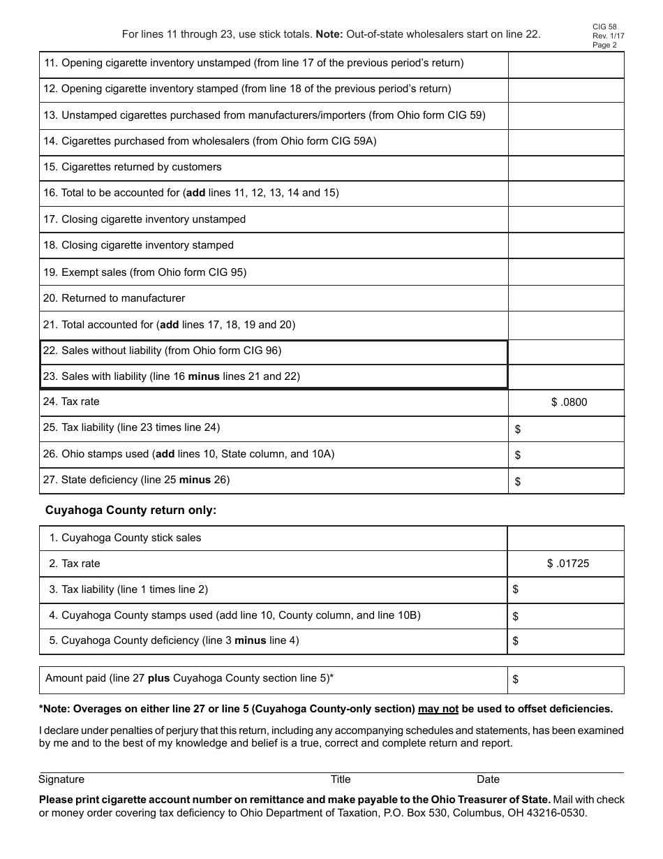 Form CIG58 Ohio Cigarette Tax Return - Ohio, Page 2