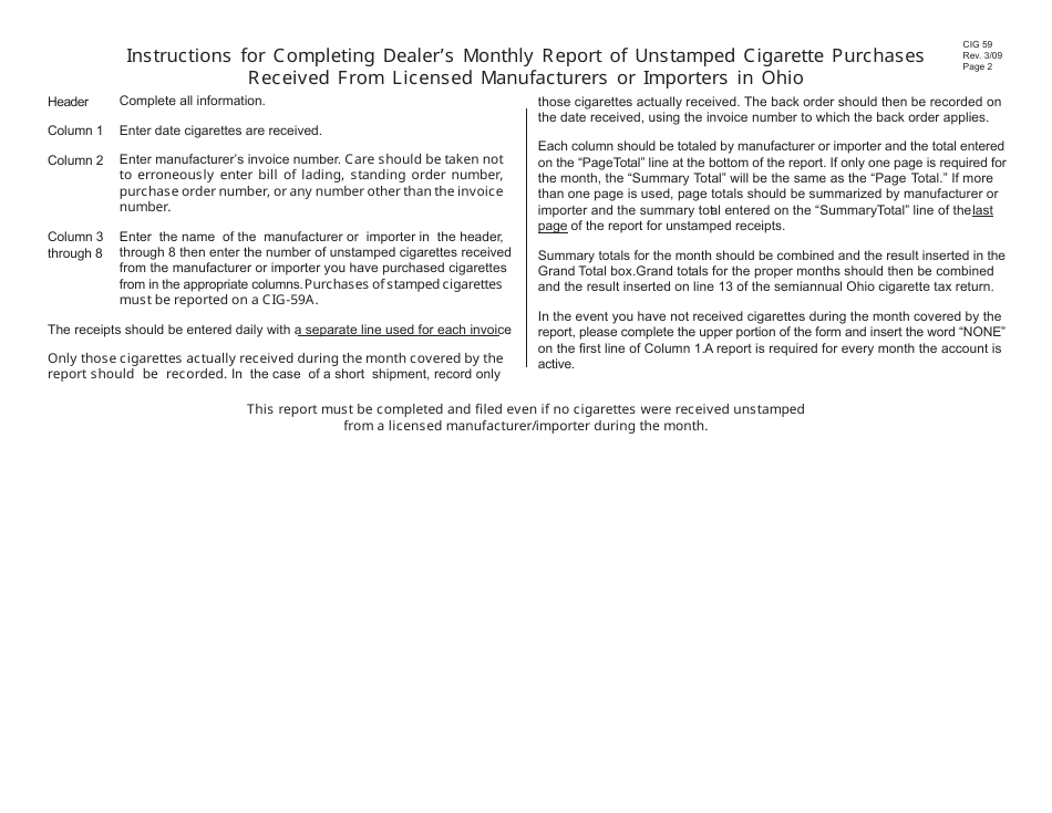 Form CIG59 Dealers Monthly Report of Unstamped Cigarettes Received in Ohio - Ohio, Page 2