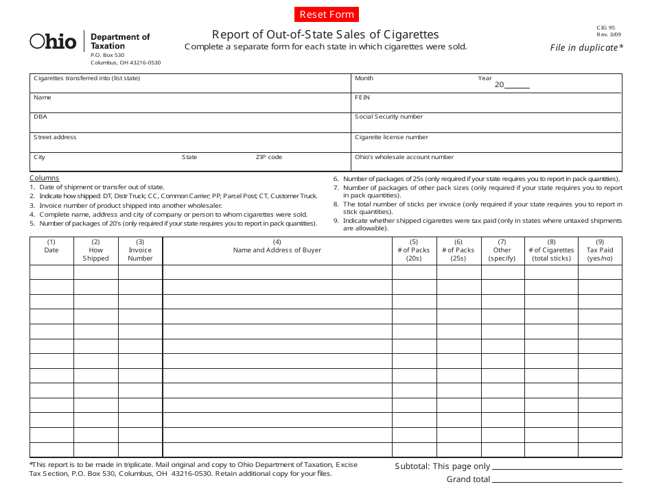 Form CIG95 Report of Out-of-State Sales of Cigarettes - Ohio, Page 1