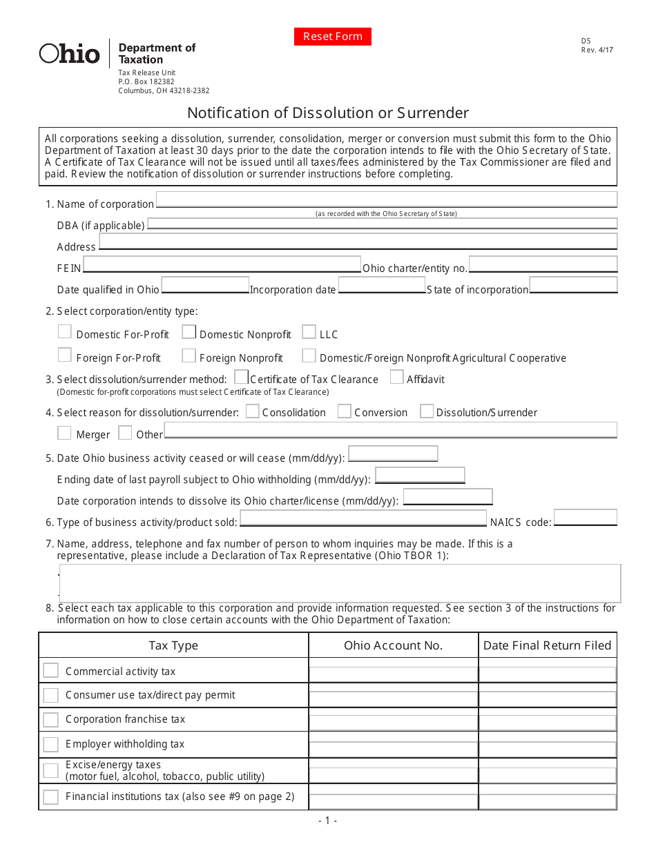 Form D5 Fill Out Sign Online And Download Fillable PDF Ohio 
