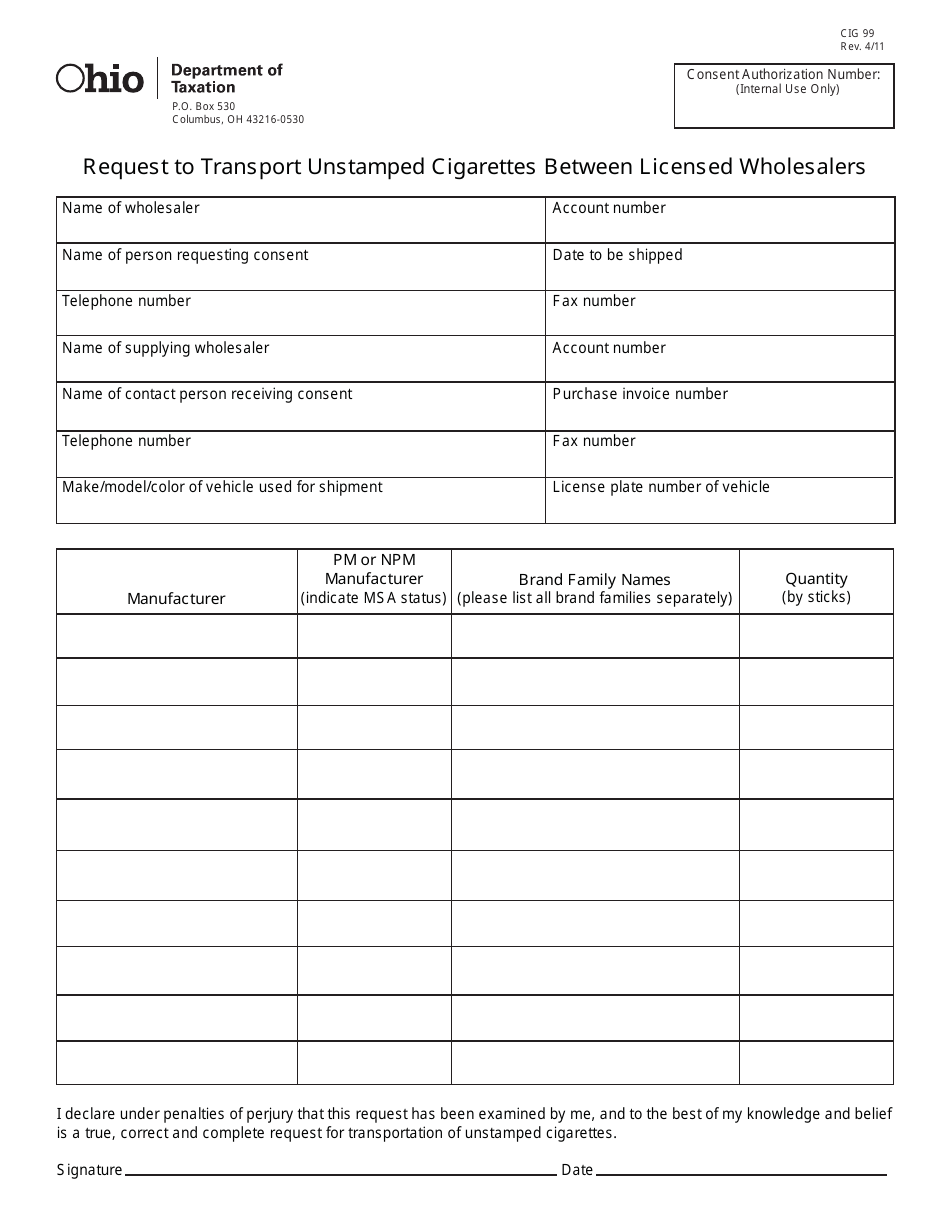 Form CIG99 Request to Transport Unstamped Cigarettes Between Licensed Wholesalers - Ohio, Page 1