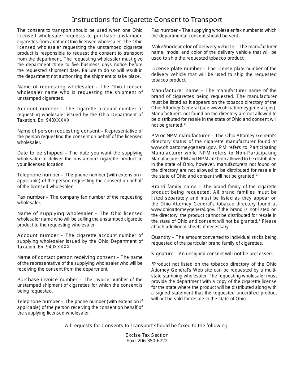 Form CIG99 Request to Transport Unstamped Cigarettes Between Licensed Wholesalers - Ohio, Page 2