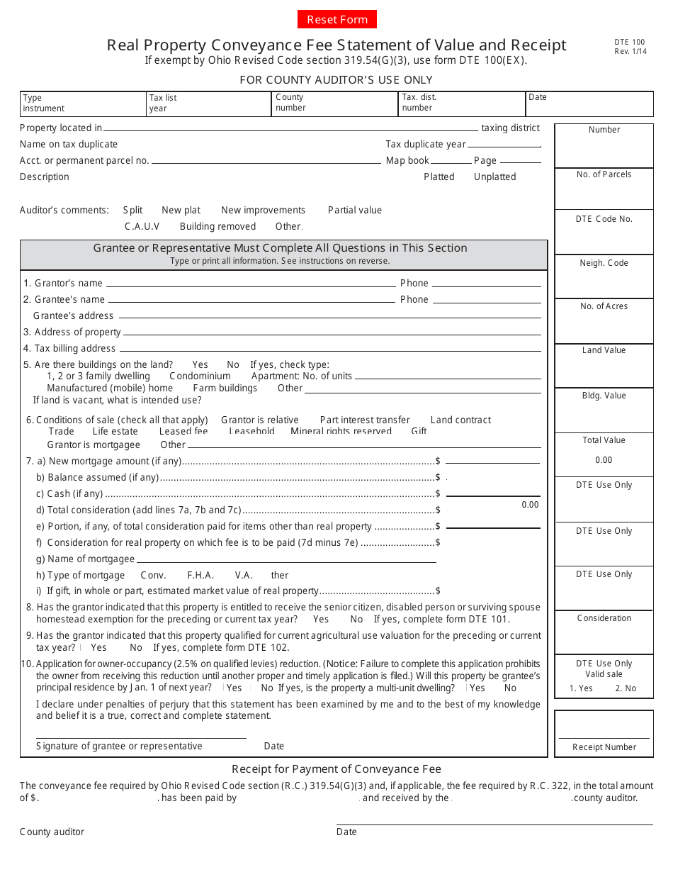 Form DTE100 Real Property Conveyance Fee Statement of Value and Receipt - Ohio, Page 1