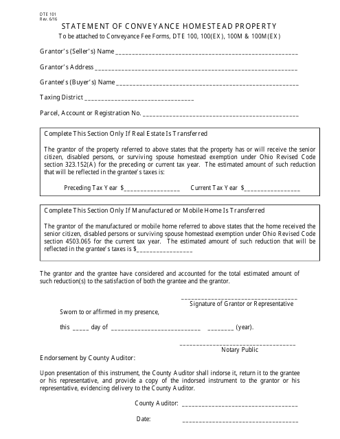 Form DTE101 Statement of Conveyance Homestead Property - Ohio