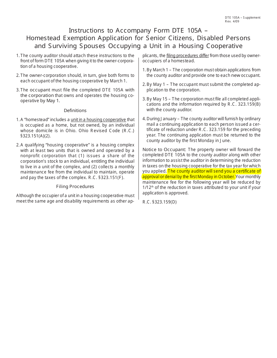 Download Instructions for Form DTE105A Homestead Exemption Application