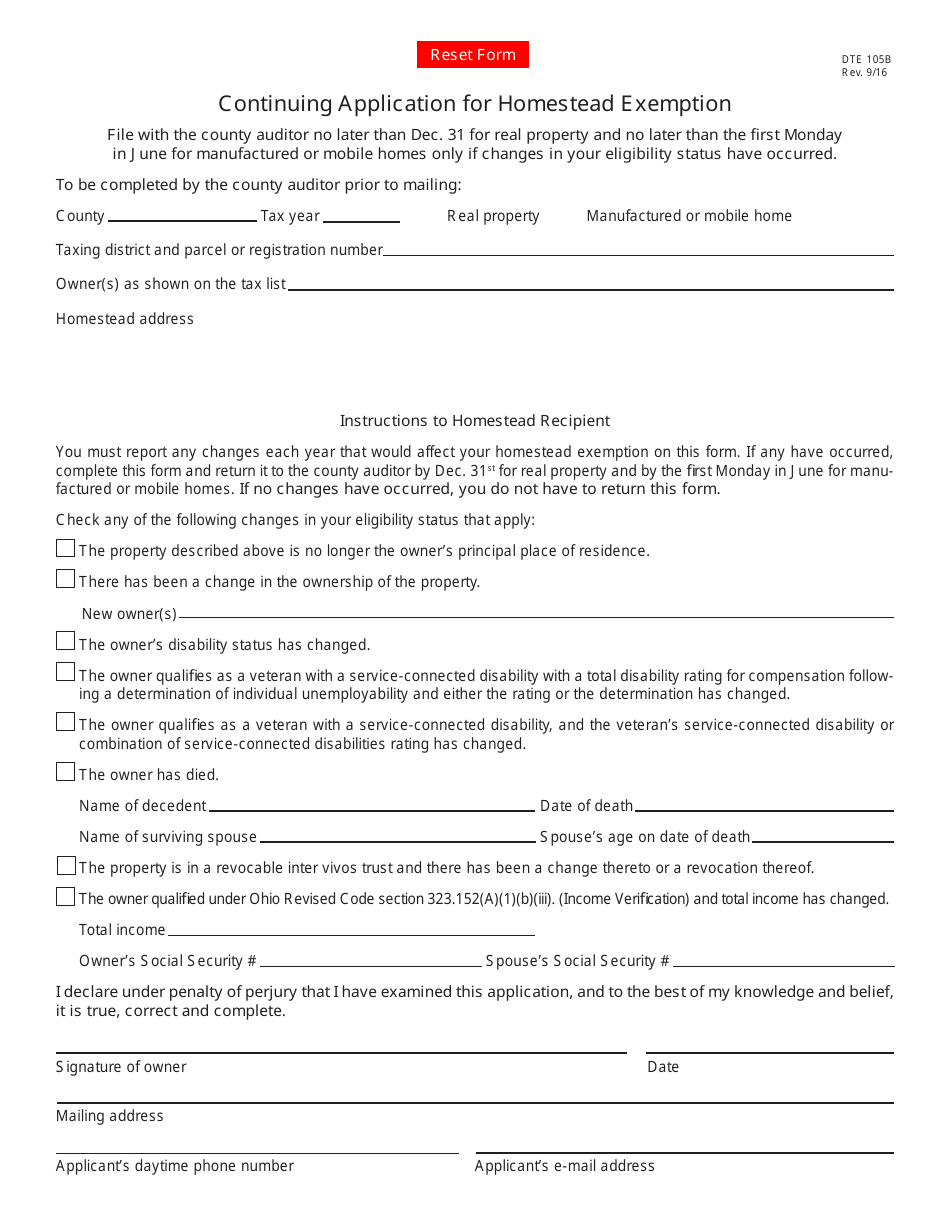 Form DTE105B Continuing Application for Homestead Exemption - Ohio, Page 1