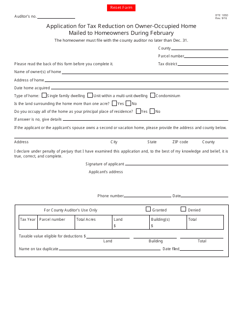 Form DTE105D Application for Tax Reduction on Owner-Occupied Home Mailed to Homeowners During February - Ohio